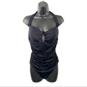 BAKU Australia Black Halter Ruched Tummy Chain Detail One Piece Swimsuit Size